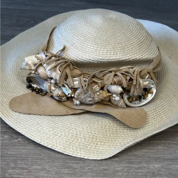 VTG Mermaidcore Straw Beach Sun Hat Shell Trim Boho Coastal Festival S/M - Picture 3 of 16